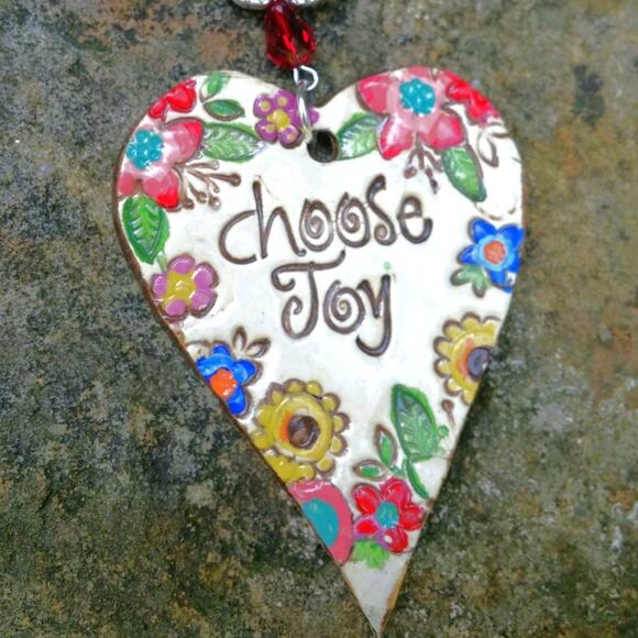 Artisan Ceramic Heart Suncatcher Choose Joy Tibetan Silver Beaded Crystals NEW - Picture 8 of 12